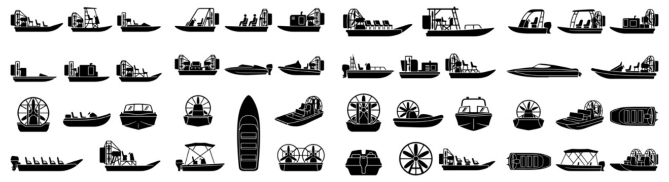 Airboat and Hovercraft Boat Silhouette Icons Set Showing Watercraft Profiles and Transport Symbols
