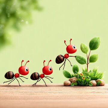 Cute cartoon ants exploring green environment with plants and rocks, showcasing teamwork