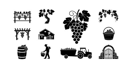 Obraz premium Collection of vineyard and wine production related icons and illustrations for agriculture and viticulture themes