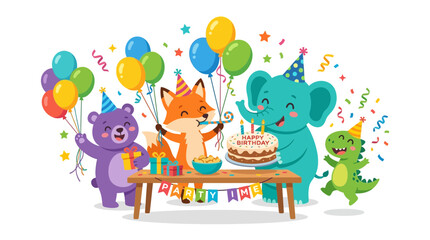 Naklejka premium Happy Birthday Party Celebration with Cute Cartoon Animals Balloons and Cake