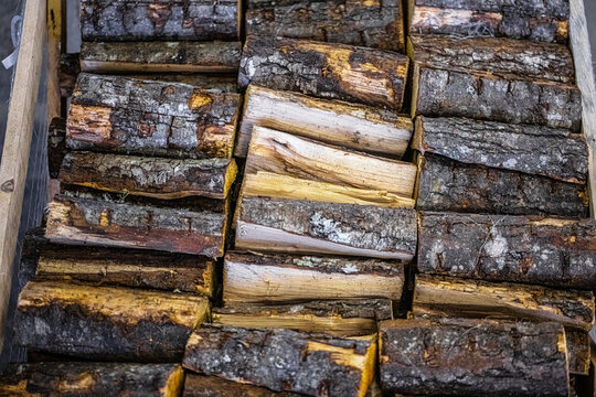 View of stacked firewood logs with rough bark texture in Latvia.