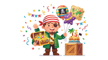 Cute little pirate boy celebrating fifth birthday party with treasure chest and cake