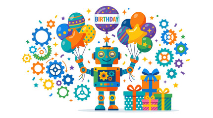 Fototapeta premium Cute Toy Robot Celebrating Birthday with Colorful Balloons and Gifts Illustration