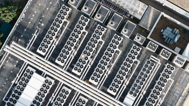 Aerial view of HVAC system on rooftop of data center