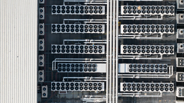 Aerial view of HVAC system on rooftop of data center