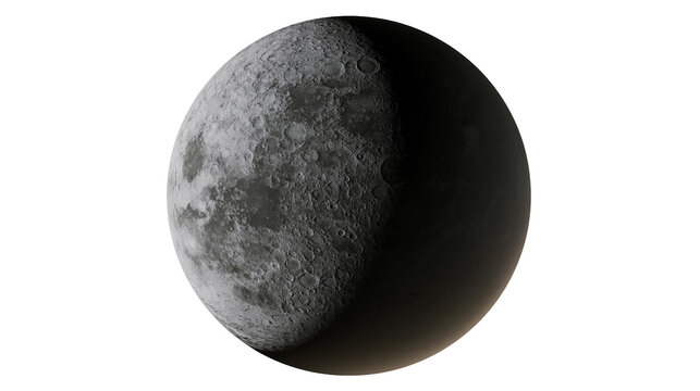 Half illuminated moon with visible craters and dark shadow