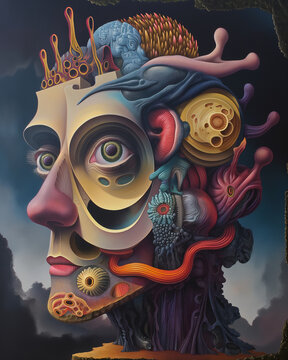 Surreal abstract art featuring a bizarre biometric humanoid head profile with intricate mechanical and organic elements against a dark sky