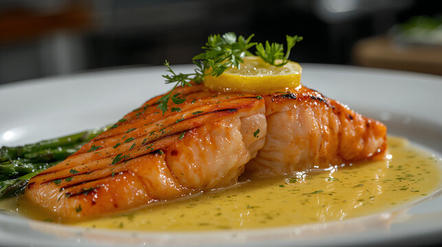 Grilled Salmon Fillet with Creamy Lemon Butter Sauce and Fresh Herbs, Gourmet Seafood Entr&eacute;e Prepared by Professional Chef, Fine Dining Close-Up Food Photography