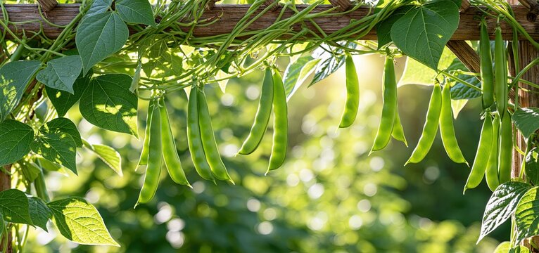 Sun-drenched garden with twisting vines bearing fresh green bean pods on a rustic wooden trellis.