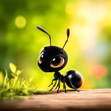 Cute cartoon ant character with large eyes in vibrant green environment