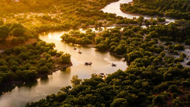 Aerial view of Kongo River Spa with small fishing boats navigating the winding river through lush mangrove forests during golden hour in Diani Beach, Kwale County, Kenya.