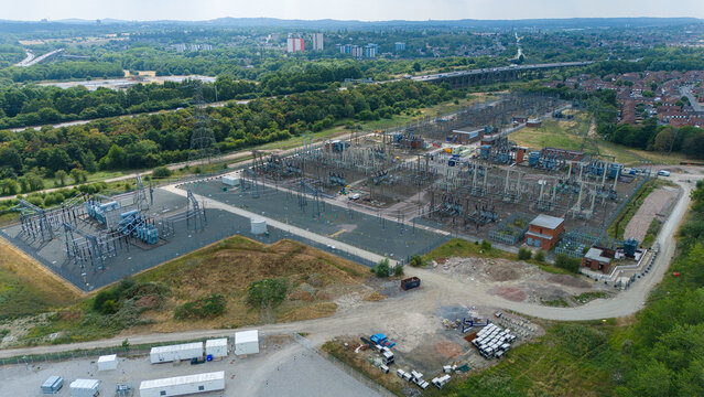Aerial view of the National Grid Bustleholme Substation and Battery Energy Storage System with electrical infrastructure in Walsall, England, United Kingdom.