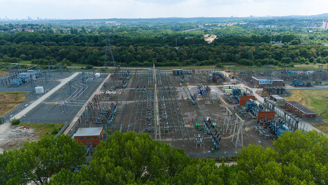 Aerial view of the National Grid Bustleholme Substation and Battery Energy Storage System with electrical infrastructure and power lines in Walsall, England, United Kingdom.