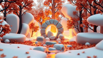 Stylized winter forest scene. Stone archway glows warmly amidst snow, orange foliage, rocks, gentle stream. Peaceful, inviting ambiance. © antishock
