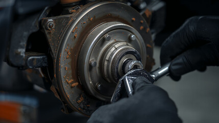 Fototapeta premium Precision car wheel hub repair showcasing professional mechanic expertise, bearing maintenance, spindle adjustment, and rust removal to restore vehicle performance and safety with specialized tools