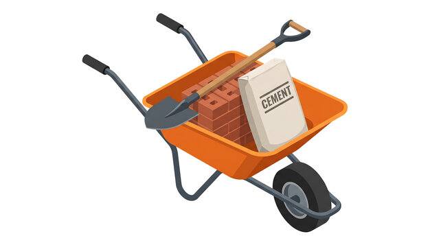 Isometric orange wheelbarrow filled with bricks cement bag and shovel, Civil engineering presentation demonstration materials