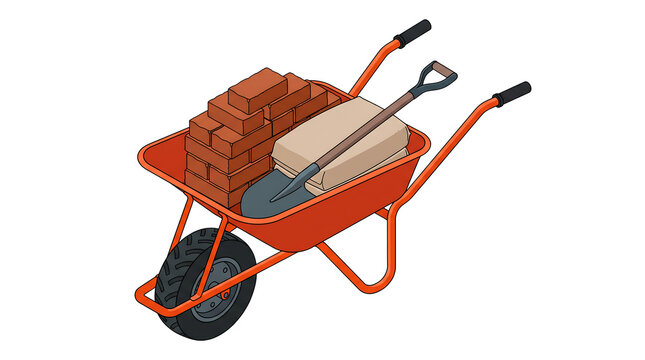 Isometric construction wheelbarrow loaded with cement, Civil engineering presentation demonstration materials