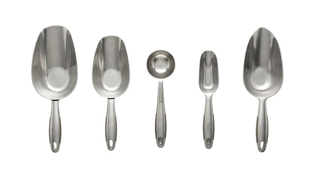 A collection of five metal scoops of varying sizes arranged in a row against a white background.
