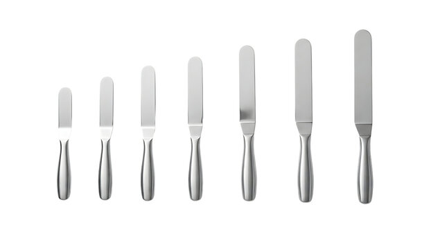 A set of seven stainless steel offset spatulas of varying sizes arranged in ascending order against a white background.