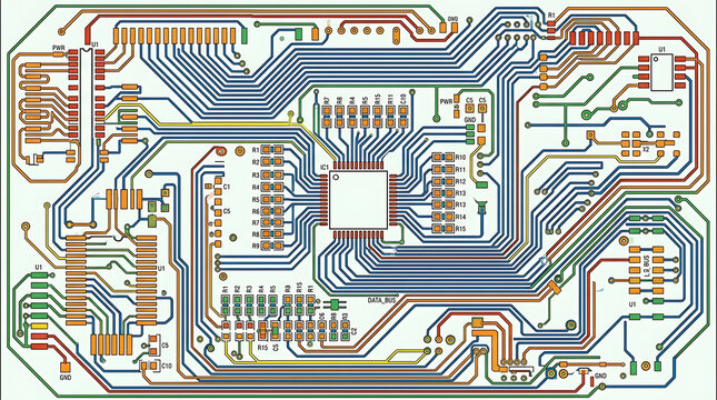 Complex Electronic Circuit Board With Intricate Pathways And Central Processor Chip For Advanced Technology And Data Processing
