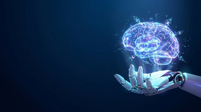 Artificial intelligence conceptual illustration featuring robotic hand holding glowing digital human brain hologram technology futuristic cybernetic
