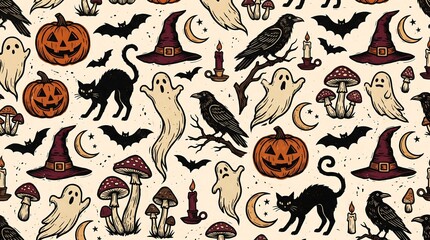 Obraz premium Spooky Halloween Seamless Pattern with Ghosts Pumpkins and Cats Vector
