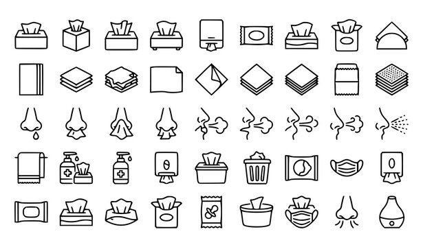 Tissue Paper and Personal Hygiene Icon Set with Sneeze Napkin Wet Wipe and Face Mask Symbols for Medical Health Designs