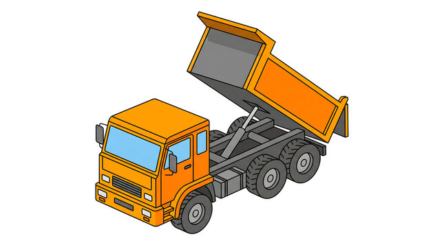 Orange haul truck with elevated dump bed vector graphic, Civil engineering presentation demonstration materials