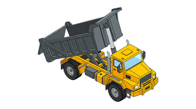 Yellow dump truck showing mechanical unloading action, Civil engineering presentation demonstration materials