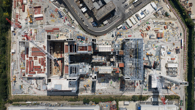 Aerial view of new build modern waste incineration plant in Edmonton North London