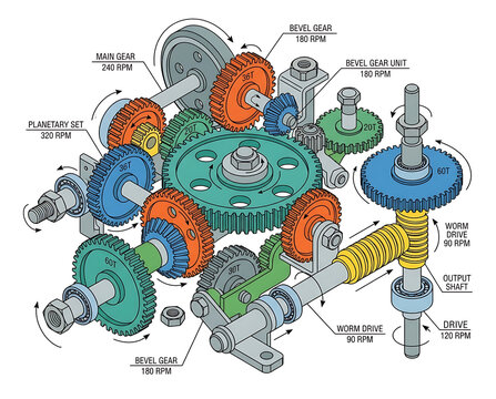 Complex Mechanical Gear System With Multiple Interconnected Gears And Cogs Illustrating Precision Engineering And Industrial Machinery