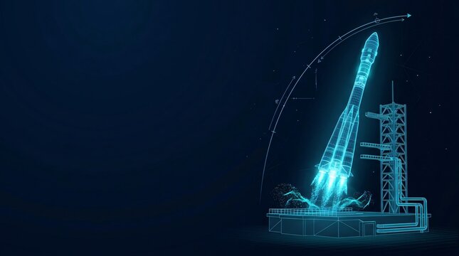 Space shuttle launch sequence represented by glowing blue digital particle wireframe illustration with wireframe technology particle hologram exploration universe