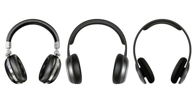 Headphones isolate on transparent. Wireless headphones in black, high quality, isolated on a transparent background, for advertising or product catalog. Set of headphones from different angles