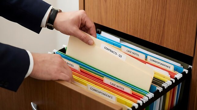Hands organizing colored file folders in office drawer.