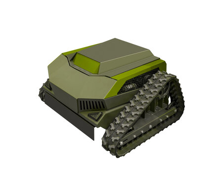 Isolated green tracked unmanned ground vehicle UGV. Ground reconnaissance robot.