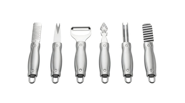 A set of six stainless steel kitchen tools including peelers, zesters, and corers, displayed on a clean white background.