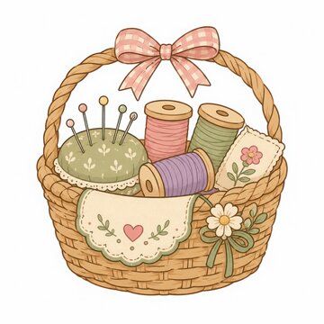 Colorful Sewing Basket with Threads, Pins, and Accessories