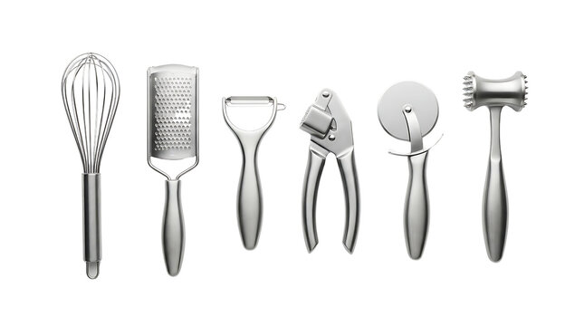 Six shiny stainless steel kitchen utensils including a whisk, grater, peeler, garlic press, pizza cutter, and meat tenderizer on a white background.
