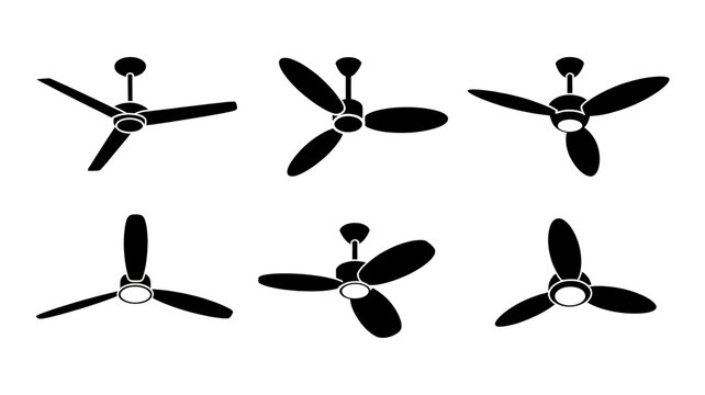 A collection of black silhouette illustrations featuring various ceiling fan designs for interior home cooling and ventilation