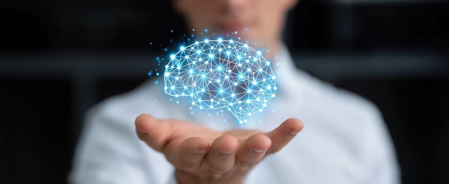 Machine learning-driven report creation. Automated content summarization. Generative AI for grammar checking and refinement. Professional holding a digital neural network symbol.