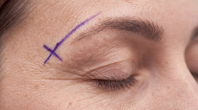 Surgeon marking woman face with purple surgical marker before plastic surgery procedure. Preparation for cosmetic operation on eyelid and eyebrow. Medical health care and beauty concept.