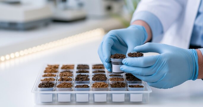Scientist examining soil samples in lab