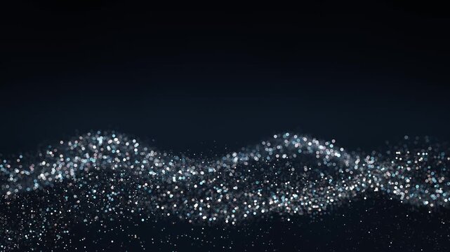 Shimmering undulating blue and silver glitter particles, loopable dynamic slow motion wave pattern against a dark background