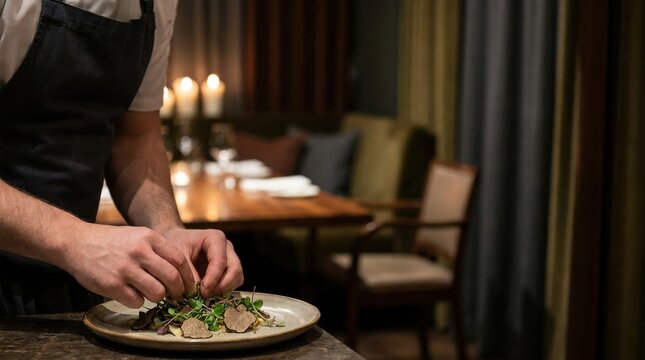 Luxury Culinary Experience: Culinary professional preparing a gourmet meal in an elegant private dining room