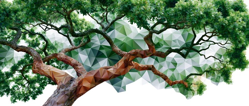 Low poly oak tree with geometric polygon leaves and branches on white background