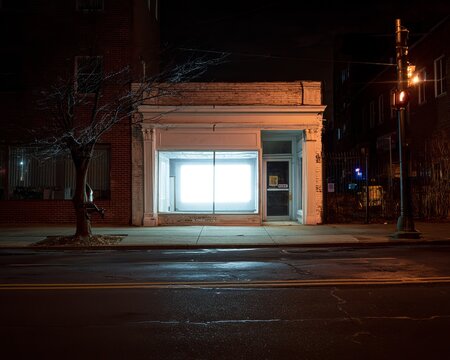Illuminated storefront at night - A study in urban solitude.