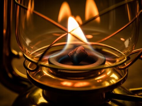 Close-Up Macro of Burning Wick on Vintage Kerosene Lamp with Warm Amber Flame