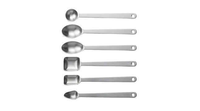 A set of six stainless steel measuring spoons with various head shapes and long handles.