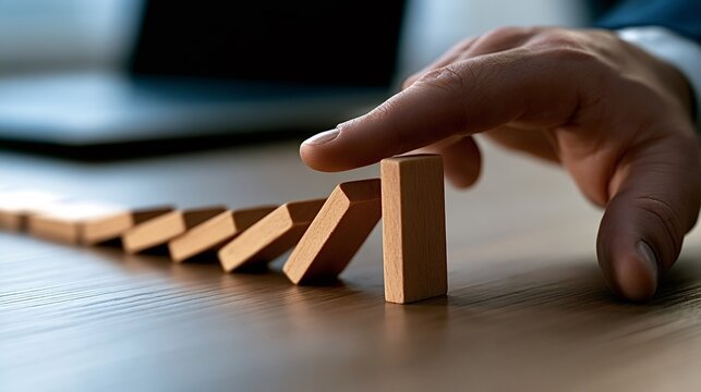 Hand preventing falling dominoes, symbolizing intervention, risk management, crisis prevention, business stability, and problem solving in a corporate environment
