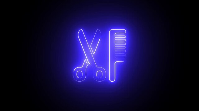 Glowing blue neon barber shop sign with scissors and comb animation hair